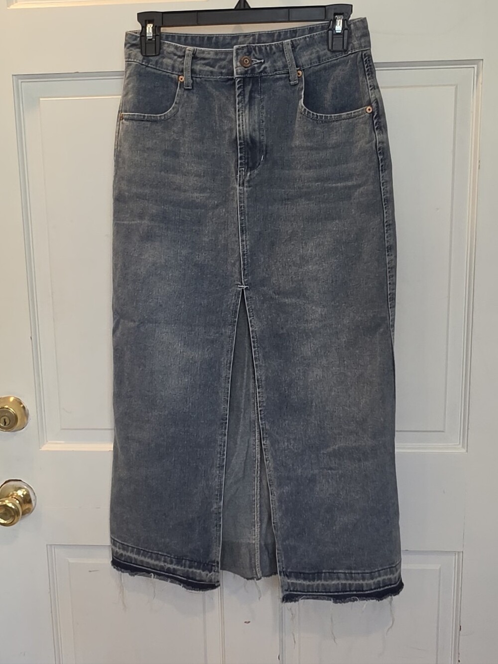 Classic Blue Denim Midi Skirt with Front Slit